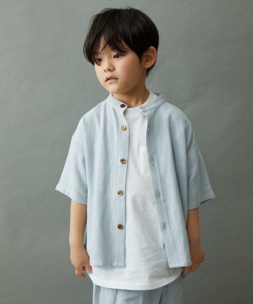 ＆yam（アンドヤム）の「リネンレーヨン バンドカラー半袖シャツ（シャツ/ブラウス・キッズ・グリーン/グレー/ベージュ/パープル/ブラック・140-150cm/130-140cm/150-160cm/120-130cm/110-120cm）」の3枚目の写真