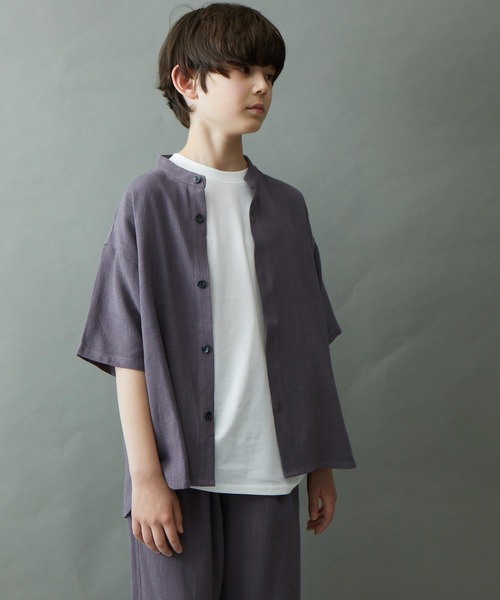 ＆yam（アンドヤム）の「リネンレーヨン バンドカラー半袖シャツ（シャツ/ブラウス・キッズ・グリーン/グレー/ベージュ/パープル/ブラック・140-150cm/130-140cm/150-160cm/120-130cm/110-120cm）」の2枚目の写真