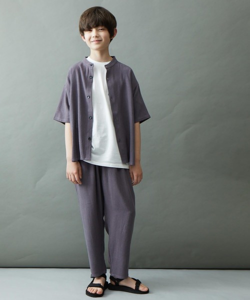 ＆yam（アンドヤム）の「リネンレーヨン バンドカラー半袖シャツ（シャツ/ブラウス・キッズ・グリーン/グレー/ベージュ/パープル/ブラック・140-150cm/130-140cm/150-160cm/120-130cm/110-120cm）」の6枚目の写真