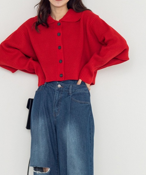 w closet（ダブルクローゼット）の「【新色・WEB限定カラー】7G片畦ドルマン襟付きカーディガン（カーディガン/ボレロ・レディース・ブラック/オレンジ/ライトベージュ/パープル/グリーン/ブルー/レッド/キナリ/ラベンダー/ミント/ダークグリーン/イエロー系その他/ライム・FREE）」の12枚目の写真