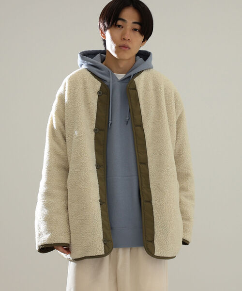 BEAMS HEART（ビームスハート）の「BEAMS HEART / キルト ボア リバーシブル ビッグジャケット（ダウンジャケット/コート・メンズ・オリーブ/ブラック・LARGE/MEDIUM/SMALL）」の14枚目の写真