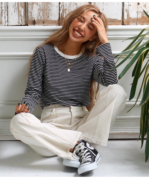 anap mimpi(アナップミンピ)の「ピンボーダーリンガートップス(Tシャツ/カットソー・レディース・ブラック/ブラウン/ブルー・FREE)」の2枚目の写真