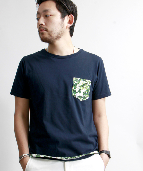 WEGO(ウィゴー)の「WEGO/ リーフパイピングポケットTシャツ(Tシャツ/カットソー・メンズ・ホワイト/ネイビー・LARGE/MEDIUM)」の2枚目の写真