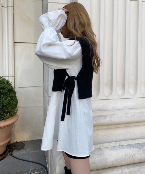 one after another NICE CLAUP（ワンアフターアナザーナイスクラップ）の「サイドリボンベスト＋チュニックセット（シャツ/ブラウス・レディース・オフホワイト/ブラック/モカ・FREE）」の6枚目の写真