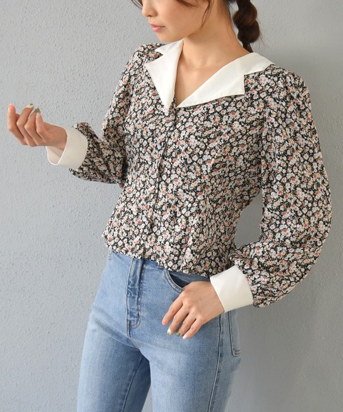 sango(sango)の「ジョーゼット小花柄開襟ブラウス(シャツ/ブラウス・レディース・ブラック/グリーン/アイボリー・FREE)」の10枚目の写真
