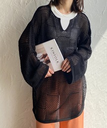 She's Closet | メッシュ編みニット長袖透かし編みロング丈チュニックプルオーバー(ニット/セーター)