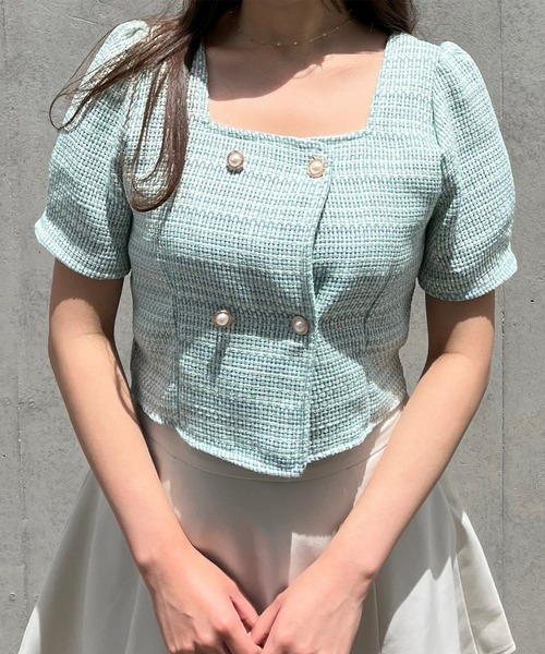 titty＆Co. PETIT（ティティアンドコープティ）の「【titty&Co.PETIT】ダブルボタンツイードトップス（シャツ/ブラウス・レディース・グリーン/アイボリー・FREE）」の5枚目の写真