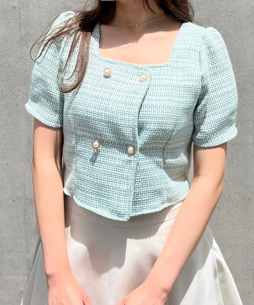 titty＆Co. PETIT（ティティアンドコープティ）の「【titty&Co.PETIT】ダブルボタンツイードトップス（シャツ/ブラウス・レディース・グリーン/アイボリー・FREE）」の6枚目の写真