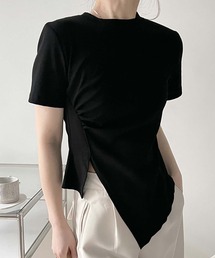 ラウンドネックギャザースリットTシャツ