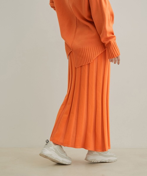 T257/未使用 CLANE ロングスカート ハイドプリーツ 1 オレンジ VIS（ビス）の「【セットアップ対応】【洗える】プリーツニット