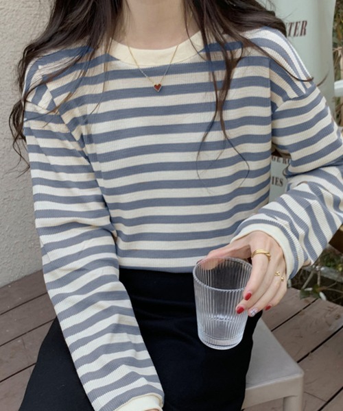 Girly Doll(ガーリードール)の「ボーダー長袖トップス(Tシャツ/カットソー・レディース・ブラック/レッド/グリーン/モカ/ブルー/キャメル/ネイビー・FREE)」の5枚目の写真