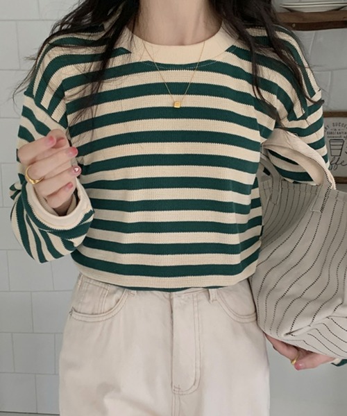 Girly Doll(ガーリードール)の「ボーダー長袖トップス(Tシャツ/カットソー・レディース・ブラック/レッド/グリーン/モカ/ブルー/キャメル/ネイビー・FREE)」の3枚目の写真