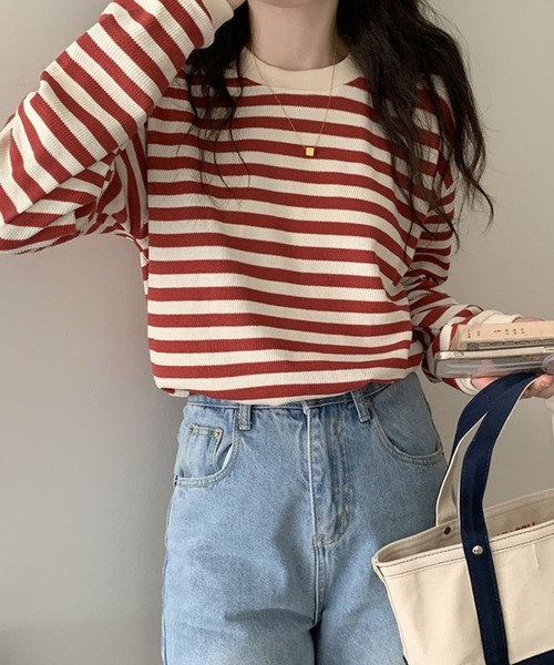 Girly Doll(ガーリードール)の「ボーダー長袖トップス(Tシャツ/カットソー・レディース・ブラック/レッド/グリーン/モカ/ブルー/キャメル/ネイビー・FREE)」の8枚目の写真