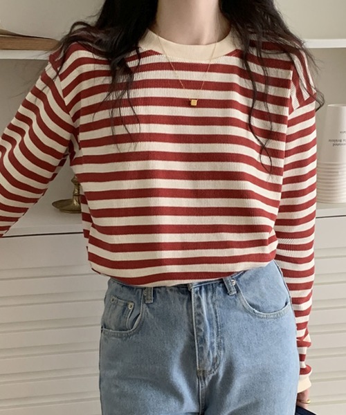 Girly Doll(ガーリードール)の「ボーダー長袖トップス(Tシャツ/カットソー・レディース・ブラック/レッド/グリーン/モカ/ブルー/キャメル/ネイビー・FREE)」の9枚目の写真