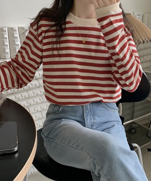 Girly Doll(ガーリードール)の「ボーダー長袖トップス(Tシャツ/カットソー・レディース・ブラック/レッド/グリーン/モカ/ブルー/キャメル/ネイビー・FREE)」の11枚目の写真
