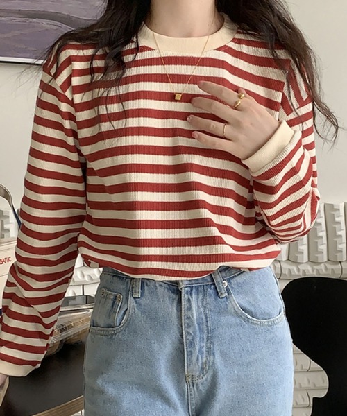 Girly Doll(ガーリードール)の「ボーダー長袖トップス(Tシャツ/カットソー・レディース・ブラック/レッド/グリーン/モカ/ブルー/キャメル/ネイビー・FREE)」の12枚目の写真