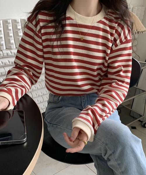 Girly Doll(ガーリードール)の「ボーダー長袖トップス(Tシャツ/カットソー・レディース・ブラック/レッド/グリーン/モカ/ブルー/キャメル/ネイビー・FREE)」の14枚目の写真