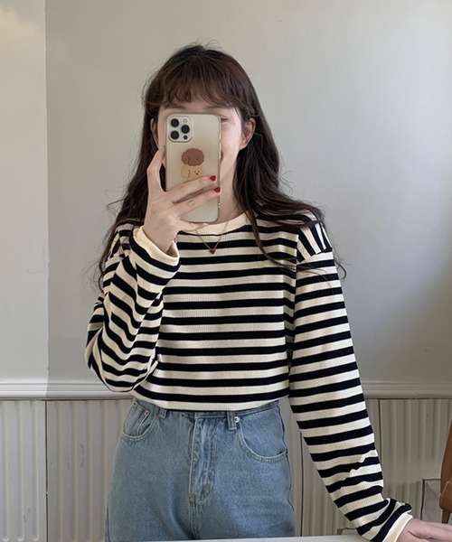 Girly Doll(ガーリードール)の「ボーダー長袖トップス(Tシャツ/カットソー・レディース・ブラック/レッド/グリーン/モカ/ブルー/キャメル/ネイビー・FREE)」の15枚目の写真