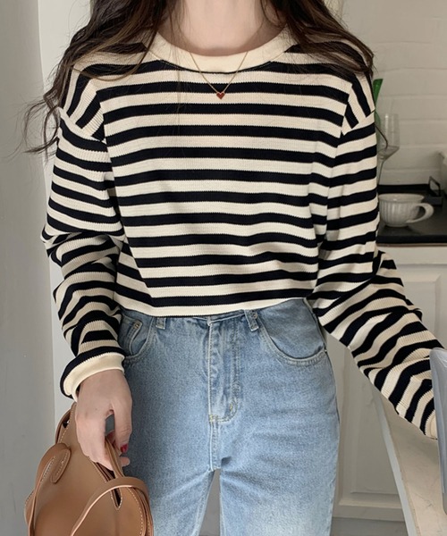 Girly Doll(ガーリードール)の「ボーダー長袖トップス(Tシャツ/カットソー・レディース・ブラック/レッド/グリーン/モカ/ブルー/キャメル/ネイビー・FREE)」の16枚目の写真