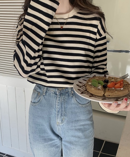 Girly Doll(ガーリードール)の「ボーダー長袖トップス(Tシャツ/カットソー・レディース・ブラック/レッド/グリーン/モカ/ブルー/キャメル/ネイビー・FREE)」の17枚目の写真