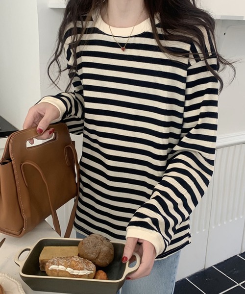 Girly Doll(ガーリードール)の「ボーダー長袖トップス(Tシャツ/カットソー・レディース・ブラック/レッド/グリーン/モカ/ブルー/キャメル/ネイビー・FREE)」の20枚目の写真
