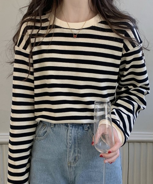 Girly Doll(ガーリードール)の「ボーダー長袖トップス(Tシャツ/カットソー・レディース・ブラック/レッド/グリーン/モカ/ブルー/キャメル/ネイビー・FREE)」の21枚目の写真