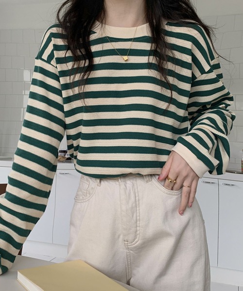 Girly Doll(ガーリードール)の「ボーダー長袖トップス(Tシャツ/カットソー・レディース・ブラック/レッド/グリーン/モカ/ブルー/キャメル/ネイビー・FREE)」の22枚目の写真