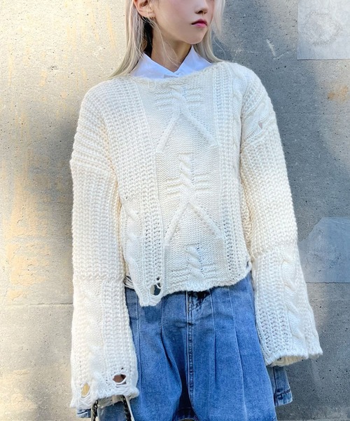 Figments（フィグメンツ）の「ショートダメージニット（ニット/セーター・レディース・ブラック/アイボリー・FREE）」の2枚目の写真