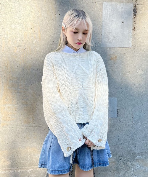 Figments（フィグメンツ）の「ショートダメージニット（ニット/セーター・レディース・ブラック/アイボリー・FREE）」の8枚目の写真