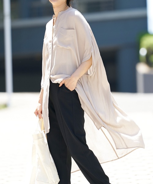 coca(coca)(コカ)の「楊柳プリーツロングシャツ(シャツ/ブラウス・レディース・ベージュ/ブラック・ONE SIZE)」の4枚目の写真