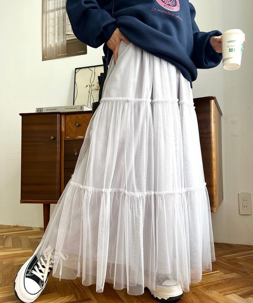 moment+(モーメントプラス)の「ボリュームティアードチュールスカート(スカート・レディース・グレー/アイボリー/ブラック/チャコールグレー・M/L)」の4枚目の写真