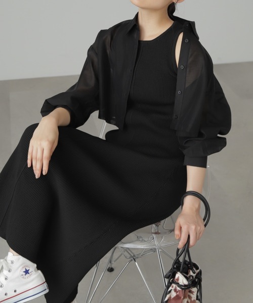 FREE'S MART（フリーズマート）の「◆シアーシャツ×ニットタンクワンピースセット（ワンピース・レディース・ベージュ/ブラック/グリーン・SMALL/MEDIUM）」の4枚目の写真