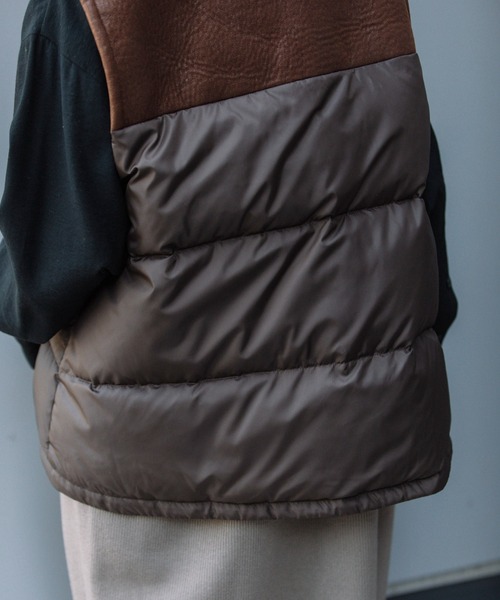 Munich（ミューニック）の「ダウンタフタ×ムートンボンバーベスト（ダウンベスト・レディース・ダークブラウン/ブラック/グリーン・FREE）」の6枚目の写真