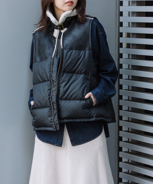 Munich（ミューニック）の「ダウンタフタ×ムートンボンバーベスト（ダウンベスト・レディース・ダークブラウン/ブラック/グリーン・FREE）」の12枚目の写真