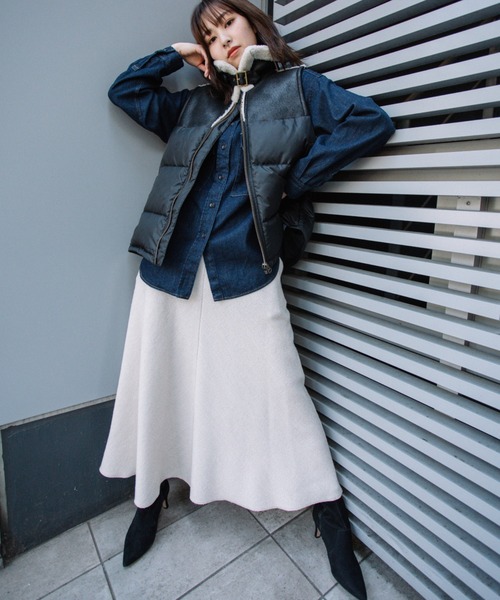 Munich（ミューニック）の「ダウンタフタ×ムートンボンバーベスト（ダウンベスト・レディース・ダークブラウン/ブラック/グリーン・FREE）」の14枚目の写真