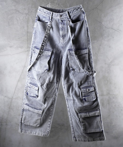 G.O.C（ジーオーシー）の「サスペンダー 付き ルーズ デニム カーゴ パンツ（カーゴパンツ・メンズ・ブラック/ブルー・MEDIUM/LARGE）」の4枚目の写真