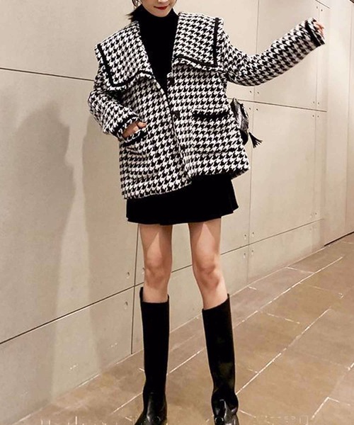 Nyu（ニュウ）の「千鳥柄ビックカラーショートジャケットコート（ノー