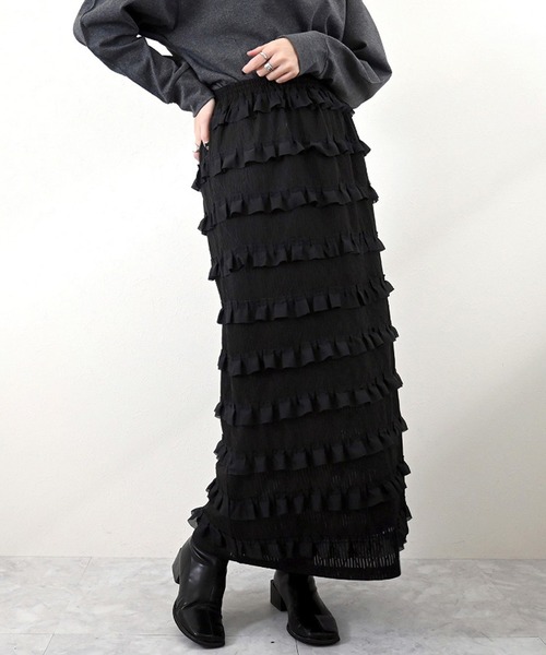 STYLEBLOCK(スタイルブロック)の「フリルジャガードカットソーナロースカート(スカート・レディース・ブラック/グリーン/オフホワイト・M)」の2枚目の写真