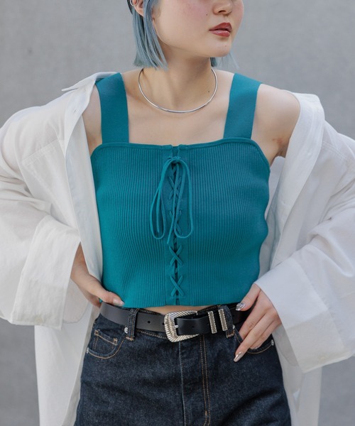 PAGEBOY（ページボーイ）の「レースアップショートタンク（タンクトップ・レディース・ベージュ/ターコイズブルー/オフホワイト/ブラック/チェリーピンク/パープル系その他・FREE）」の5枚目の写真