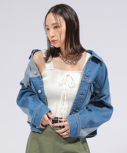 PAGEBOY（ページボーイ）の「レースアップショートタンク（タンクトップ・レディース・ベージュ/ターコイズブルー/オフホワイト/ブラック/チェリーピンク/パープル系その他・FREE）」の7枚目の写真