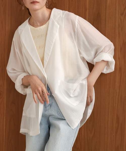 Bab（バブ）の「シアーテーラードシャツジャケット（テーラードジャケット・レディース・オフホワイト/グレイッシュベージュ・FREE）」の3枚目の写真