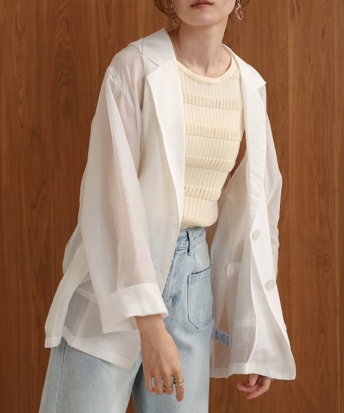 Bab（バブ）の「シアーテーラードシャツジャケット（テーラードジャケット・レディース・オフホワイト/グレイッシュベージュ・FREE）」の5枚目の写真