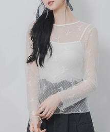 リボン柄シアー生地トップス