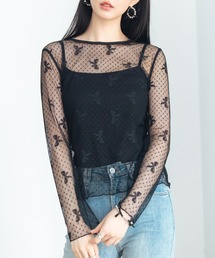 リボン柄シアー生地トップス