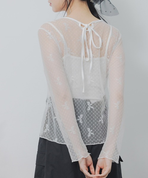 SAISON DE PAPILLON（セゾンドパピヨン）の「リボン柄シアー生地トップス（シャツ/ブラウス・レディース・ブラック/ホワイト・フリー）」の6枚目の写真