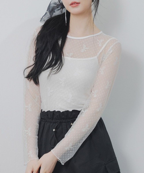 SAISON DE PAPILLON（セゾンドパピヨン）の「リボン柄シアー生地トップス（シャツ/ブラウス・レディース・ブラック/ホワイト・フリー）」の14枚目の写真