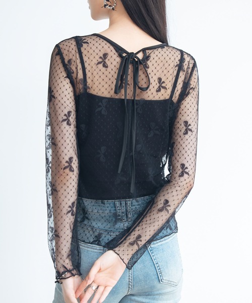 SAISON DE PAPILLON（セゾンドパピヨン）の「リボン柄シアー生地トップス（シャツ/ブラウス・レディース・ブラック/ホワイト・フリー）」の19枚目の写真