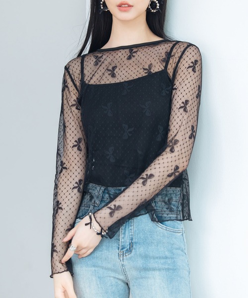 SAISON DE PAPILLON（セゾンドパピヨン）の「リボン柄シアー生地トップス（シャツ/ブラウス・レディース・ブラック/ホワイト・フリー）」の22枚目の写真
