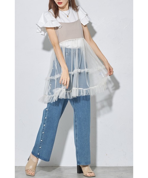 &. NOSTALGIA(アンドドットノスタルジア)の「【ZOZO限定】チュール切替チュニック(Tシャツ/カットソー・レディース・ホワイト/ブラック/グレー・M)」の4枚目の写真