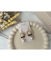 【38ribbon】麦わら帽子とコットンパールのピアス(MA)
